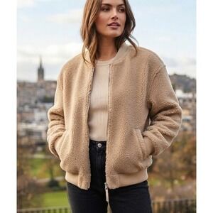 Avec Les Filles Womens Fleece Bomber Jacket Sz Medium Beige Zip Front‎